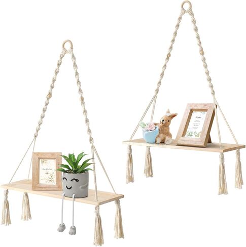 Macrame Wall Hanging Shelf Wood Floating Storage Shelf Boho Woven Leaf Wall Decor Plant Hanger for Photo Display Bedroom Living Room Nursery Decor in Saudi Arabia