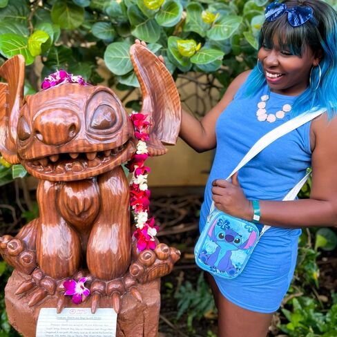 Disney Vegan Leather Crossbody Sling Bag with Adjustable Straps, Lilo and Stitch, Stich Sitting Flowers in Saudi Arabia