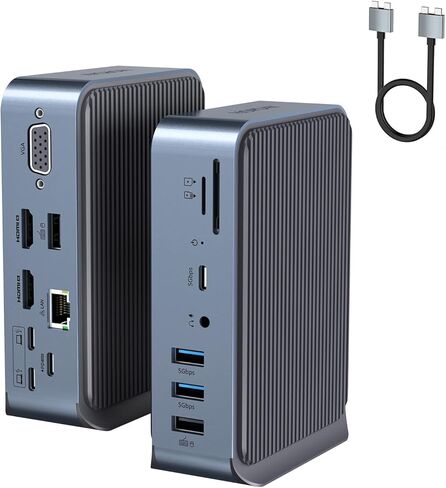 محطة إرساء USB C 15 في 2 - دعم شاشة ثلاثية عبر VGA/2*HDMI، قاعدة كمبيوتر محمول PD بقدرة 100 وات تتميز بمنفذ USB-A/C 3.0 بسرعة 5 جيجابت في الثانية، وRJ45 Ethernet، وصوت وميكروفون، وSD/TF لأجهزة الكمبيوتر المحمول من النوع C والأجهزة الأخرى in Saudi Arabia