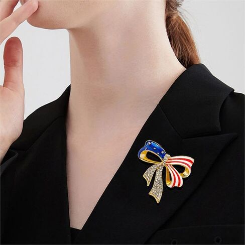 Rhinestone American Flag Medal Pin, Patriotic Bow Enamel Flag Pins, Vintage Large Brooch Costume Jewelry Accessories in Kuwait