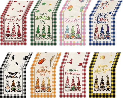 4 Pcs Cute Gnomes Buffalo Plaid Table Runner 72 Inches Long, Hello Spring Hello Summer Seasonal Table Decor, Hello Fall Hello Winter Burlap Table Runner for Kitchen Farmhouse Home Party in Saudi Arabia