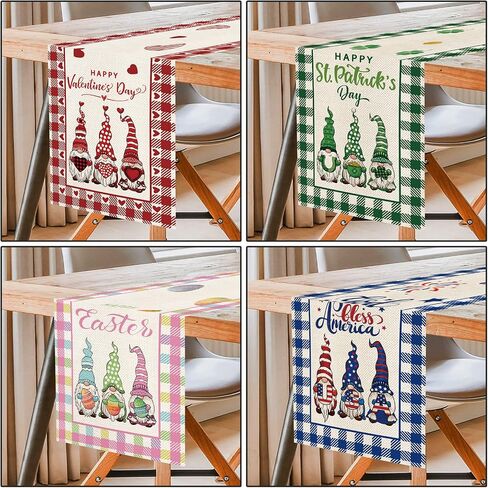 4 Pcs Cute Gnomes Buffalo Plaid Table Runner 72 Inches Long, Hello Spring Hello Summer Seasonal Table Decor, Hello Fall Hello Winter Burlap Table Runner for Kitchen Farmhouse Home Party in Saudi Arabia