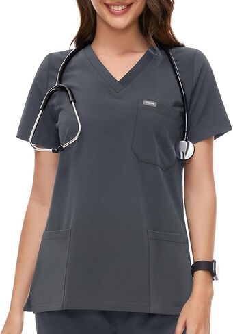 fitglam Women's Medical Scrub Shirts V-Neck Short Sleeves Scrub Tops for Women 3 Pockets in Saudi Arabia