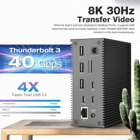 قاعدة Thunderbolt 3، محطة إرساء عالمية 18 في 1، محطة إرساء للكمبيوتر المحمول بشاشة مزدوجة عبر شاشة عرض 2 4K@60 هرتز، 8K DP، جيجابت إيثرنت، طاقة تيار مستمر 65 وات، مخرج بصري، USB 3.0 * 9، قارئ SD/TF، ​​ميكروفون 3.5 مم... in Saudi Arabia