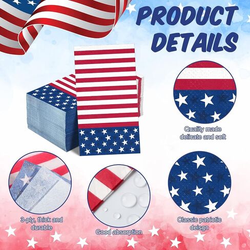 100 Pieces 4th of July Napkins Independence Day Paper Guest Towels Disposable Memorial Day Hand Towels for Home Kitchen Patriotic Happy 4th of July Party Supplies, 3 Ply (Stripe) in Saudi Arabia
