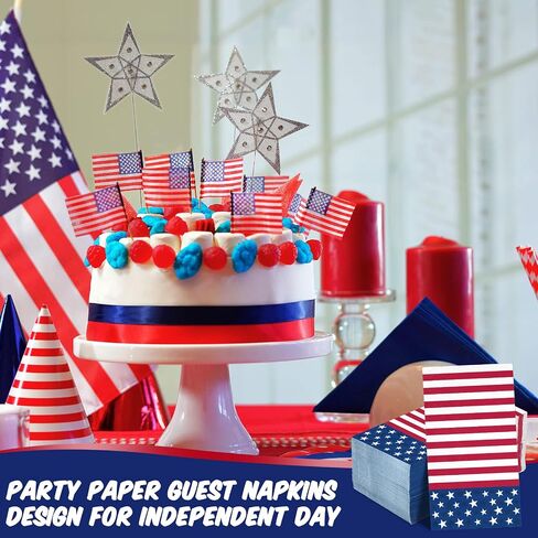 100 Pieces 4th of July Napkins Independence Day Paper Guest Towels Disposable Memorial Day Hand Towels for Home Kitchen Patriotic Happy 4th of July Party Supplies, 3 Ply (Stripe) in Saudi Arabia