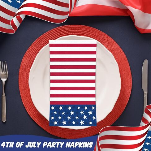 100 Pieces 4th of July Napkins Independence Day Paper Guest Towels Disposable Memorial Day Hand Towels for Home Kitchen Patriotic Happy 4th of July Party Supplies, 3 Ply (Stripe) in Saudi Arabia