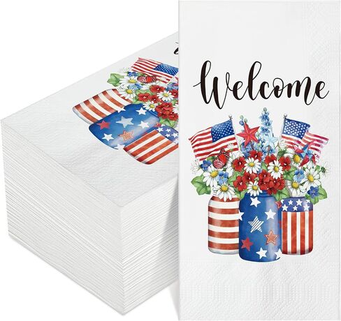 100 Pieces 4th of July Napkins Independence Day Paper Guest Towels Disposable Memorial Day Hand Towels for Home Kitchen Patriotic Happy 4th of July Party Supplies, 3 Ply (Stripe) in Saudi Arabia