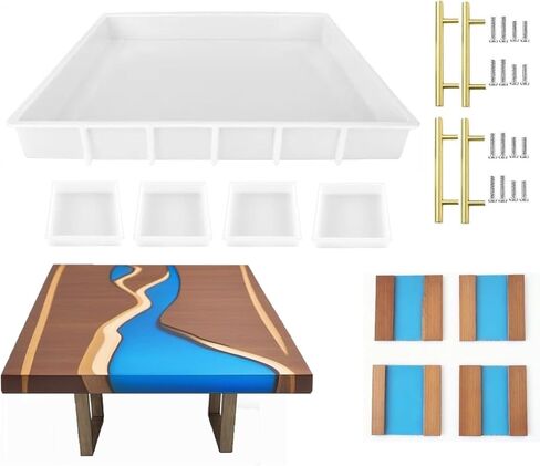 قوالب سيليكون مستطيلة من الراتنج مقاس 16 × 12 بوصة قالب إيبوكسي لطاولة النهر، وألواح التقطيع، وصواني التقديم، وطبق الجبن (مع 4 قطع من قوالب الأكواب العميقة و4 قطع من المقابض) in Kuwait