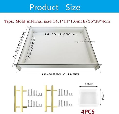 قوالب سيليكون مستطيلة من الراتنج مقاس 16 × 12 بوصة قالب إيبوكسي لطاولة النهر، وألواح التقطيع، وصواني التقديم، وطبق الجبن (مع 4 قطع من قوالب الأكواب العميقة و4 قطع من المقابض) in Kuwait