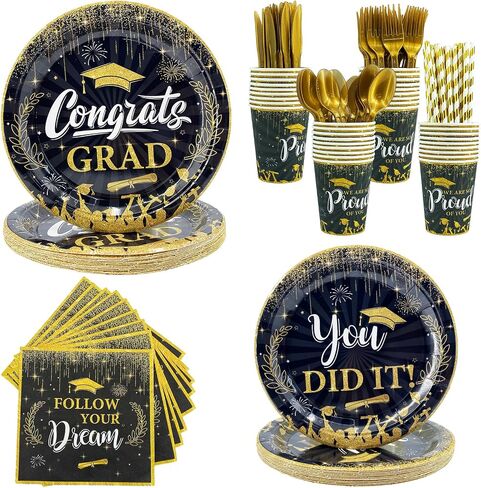 Black and Gold Congratulation Disposable Plates Congratulations Grad Banner Graduation Party Decorations Class of 2024 Congrats Plates Napkins Party Supplies Graduation Plates in Saudi Arabia
