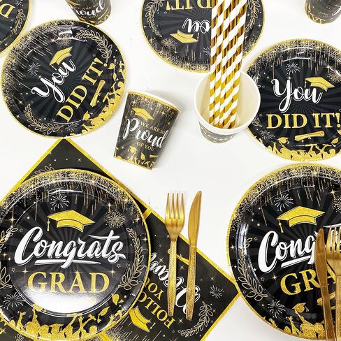 Black and Gold Congratulation Disposable Plates Congratulations Grad Banner Graduation Party Decorations Class of 2024 Congrats Plates Napkins Party Supplies Graduation Plates in Saudi Arabia