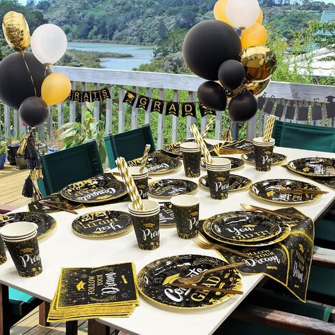 Black and Gold Congratulation Disposable Plates Congratulations Grad Banner Graduation Party Decorations Class of 2024 Congrats Plates Napkins Party Supplies Graduation Plates in Saudi Arabia