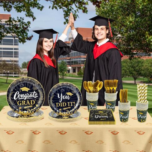 Black and Gold Congratulation Disposable Plates Congratulations Grad Banner Graduation Party Decorations Class of 2024 Congrats Plates Napkins Party Supplies Graduation Plates in Saudi Arabia