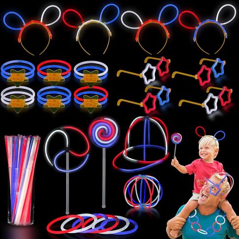 333 Pcs 4th of July Glow Sticks Favors Includes Red White Blue Glow Sticks Headbands Glasses Bracelets Pinwheel Lollipop Connectors for 4th of July Memorial Day Patriotic Party Supplies in Saudi Arabia