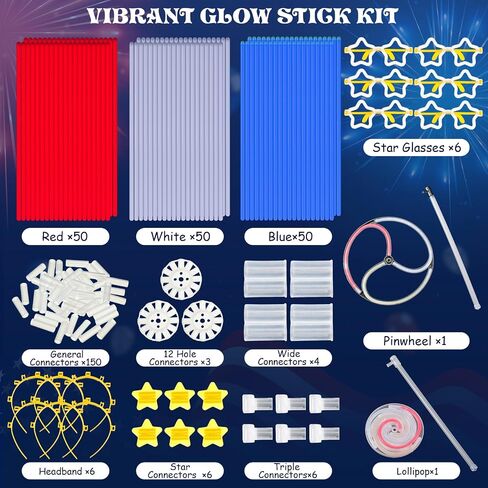 333 Pcs 4th of July Glow Sticks Favors Includes Red White Blue Glow Sticks Headbands Glasses Bracelets Pinwheel Lollipop Connectors for 4th of July Memorial Day Patriotic Party Supplies in Saudi Arabia
