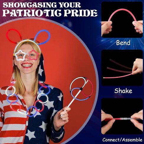 333 Pcs 4th of July Glow Sticks Favors Includes Red White Blue Glow Sticks Headbands Glasses Bracelets Pinwheel Lollipop Connectors for 4th of July Memorial Day Patriotic Party Supplies in Saudi Arabia