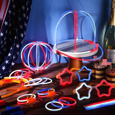 333 Pcs 4th of July Glow Sticks Favors Includes Red White Blue Glow Sticks Headbands Glasses Bracelets Pinwheel Lollipop Connectors for 4th of July Memorial Day Patriotic Party Supplies in Saudi Arabia