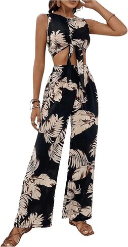 OYOANGLE Women's 2 Piece Outfits Boho Tropical Print Tie Front Crop Tank Top and Wide Leg Pants Set Jumpsuit in Saudi Arabia