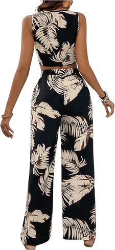 OYOANGLE Women's 2 Piece Outfits Boho Tropical Print Tie Front Crop Tank Top and Wide Leg Pants Set Jumpsuit in Saudi Arabia