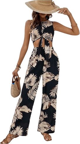 OYOANGLE Women's 2 Piece Outfits Boho Tropical Print Tie Front Crop Tank Top and Wide Leg Pants Set Jumpsuit in Saudi Arabia