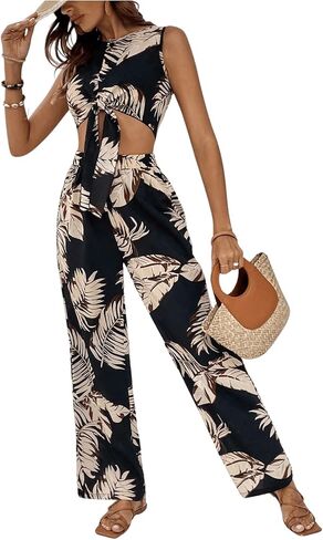 OYOANGLE Women's 2 Piece Outfits Boho Tropical Print Tie Front Crop Tank Top and Wide Leg Pants Set Jumpsuit in Saudi Arabia