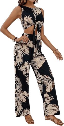 OYOANGLE Women's 2 Piece Outfits Boho Tropical Print Tie Front Crop Tank Top and Wide Leg Pants Set Jumpsuit in Saudi Arabia