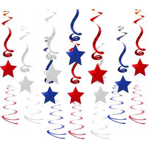 National Day Twinkle Patriotic Shooting Stars Hangings Swirl Decorations Red Blue White 4th of July Presidents Day Birthday Party Decorations, 30pc