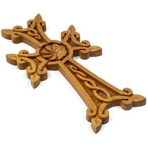 HandCraftoria Handmade wooden Wall cross with eternity sign from apricot wood, armenian cross biege