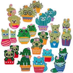 iDIY Kawaii Iron-on Cute Animals in Cactus Patches (24 Pack) - 2 of Each Design (Large 2.5" and Small 2") - Sew On Patch Craft Kit for Clothing, Accessories & School Supplies, Sewing