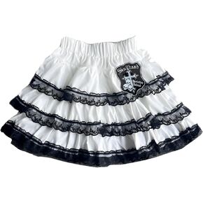 Y2K Harajuku Lolita Kawaii Fashion Casual Elastic Waist Gothic Skull Badge Black Lace Trim Tiered Short Skirt