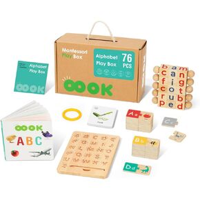 4 in 1 Montessori Set Alphabet Learning Toys Includes Wooden Letters Practicing Board, Spelling Games with Flash Cards, Alphabet Book, and Alphabet Puzzle, Educational Toys for 3 4 5 Year Old