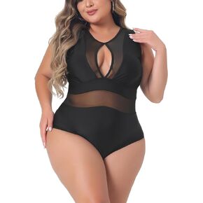 Agnes Orinda Plus Size One Piece Swimsuit for Women Mesh Bathing Suits Open Back Tie Plunge Swimwear