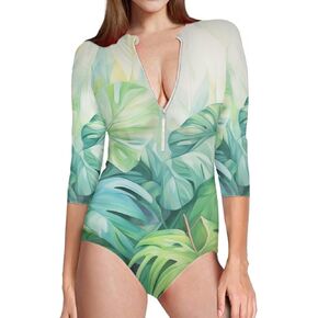 Womens One Piece Swimsuit Zip Front Printed 3/4 Short Sleeve Rash Guard UPF 50++ Sun Protection Swimwear