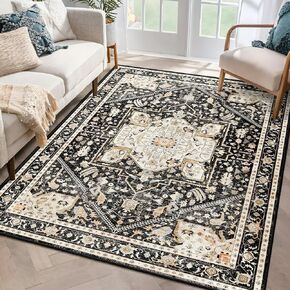 MUJOO Black Small Rug Washable,Boho Area Rugs for Bathroom Entryway Entry Entrance Bedroom,Front Door Mat Soft Carpet Indoor Vintage Black and Gold Floral 2'x3'