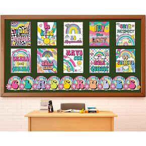 Justforjoyful 20Pcs Retro Groovy Class Rules Posters Back to school Classroom Decoration Colorful Hippie Inspirational Posters Boho Motivational Poster for School Bulletin Board Home Wall Decor