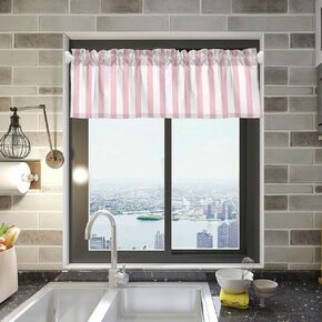 Pink Vertical Stripes Valance Kitchen Curtain for Windows 1 Panel, Semi Sheer Short Window Treatment Rod Pocket Valances for Bathroom Living Room Home Kitchen Decor, 54 x 18 Inch