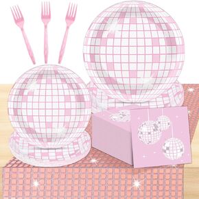 Disco Party Supplies Pink Silver Disco Party Plates Napkins Table Runner Pink Disco Birthday Party Decorations 70s Pink Theme Party Tableware Set for Girls Ladies Women Wedding Birthday Party Favors