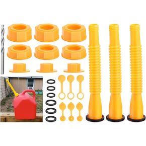 19 Pcs Gas Can Spout Replacement Set, Gas Can Nozzle 5 Gal, for Most of The Cans, 3 Bendable tubes, 3 Fine Thread & 3 Screw Collar Coarse Thread,The Cans,3 threaded caps , 6 Vent Caps & 1 drill Lid