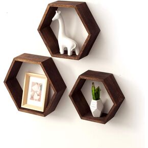 Rustic Wall Mounted Hexagonal Floating Shelves – Set of 3 – Large, Medium and Small – Screws and Anchors Included - Farmhouse Shelves for Bedroom, Living Room and More,Torched Grey