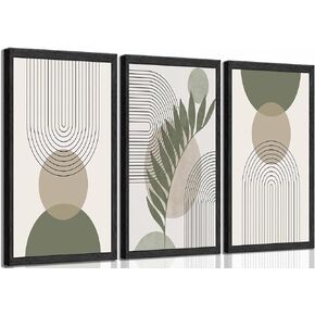 3 Pieces Mid-Century Modern Boho Canvas Wall Art Neutral Abstract Bohemia Geometric Moon Sun Desert Plant Pictures Wall Decor Poster Print Artwork for Living Room Office Bedroom Home Decoration