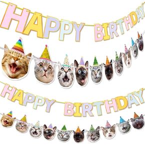 Happy Birthday Cat Face Banner Kitties Garland Photographic Hat Cat with Macaron Bday Sign Bunting Party Backdrop Decoration