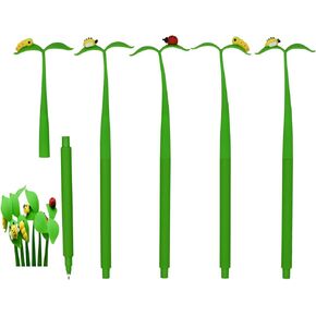 6 PCS Novelty Grass Pens Leaf Bendable Pens Simulation Floral Insects Pens Ladybugs Pens Silicone Plant Pens With Black Ink 0.5mm For School Office Home Stationery Store