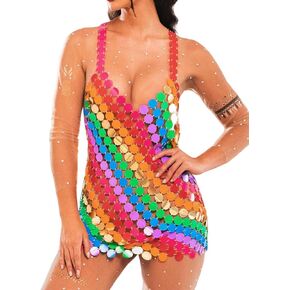 GRAEEN Sequin Mini Dress Rainbow Chainmail Bodycon Dress V Neck Club Disco Dress Women