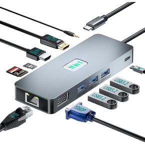 11 in 1 Docking Station with 3 USB 3.2 Gen 2 (10Gbps), 1000Mbps LAN, 4K 60Hz HDMI, 1080P VGA, 100W PD, DisplayPort, SD/TF Card, Alloy material USB C Hub for Laptop/Phone/Surface/Tablet PC