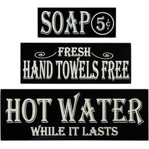 Hot Water, Hand Towels, Soap Lot of 3 Small Wood Block Signs Rustic Bath Country Vintage Look