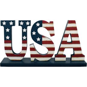 Patriotic Decor Wooden USA Sign American 4th of July Letter Tabletop Decoration Standing Cutout US Flag Block Signs Table Centerpieces for Memorial Day Party Supplies Home Decor Mantel
