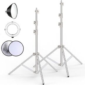 9.2 FT Stainless Steel Light Stand Photography, 2 Pack Heavy Duty Photography Tripod Stand with 1/4" to 3/8" Screw Adapter for Strobe,LED Video Light,Ring Light, Monolight, Softbox