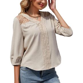 قمصان نسائية أنيقة غير رسمية برقبة على شكل حرف V من الدانتيل كروشيه قمصان تونيك مزينة بالزهور 3/4 كم منتفخ بلوزات ذات ثنيات فضفاضة تناسب in Kuwait