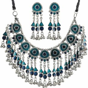 Antique Designer Indian Silver Oxidized Enamel Ethnic Traditional Ghungroo Bells Boho Tribal Choker Necklace Jewelry Women